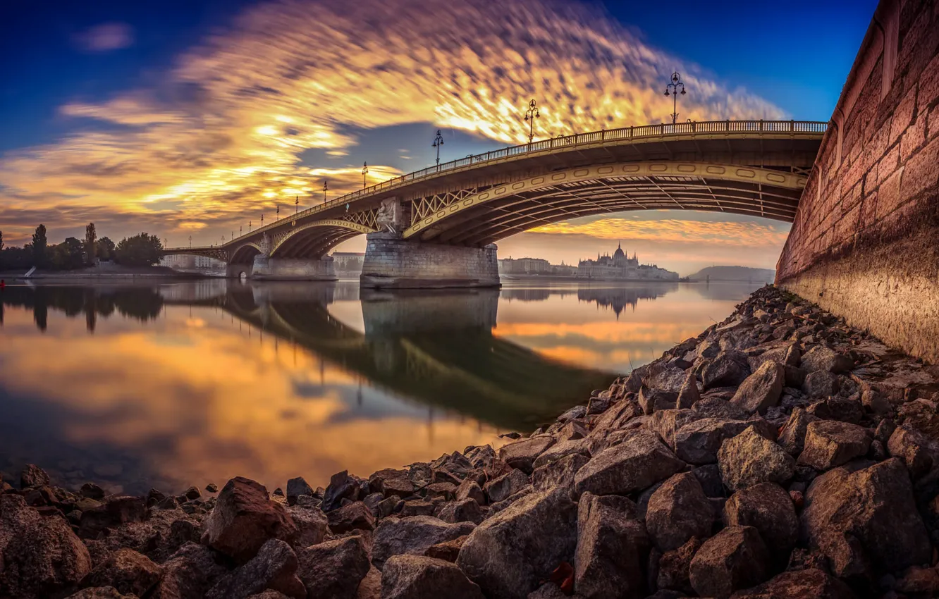 Photo wallpaper bridge, the city, reflection, river, stones, dawn, morning, Hungary