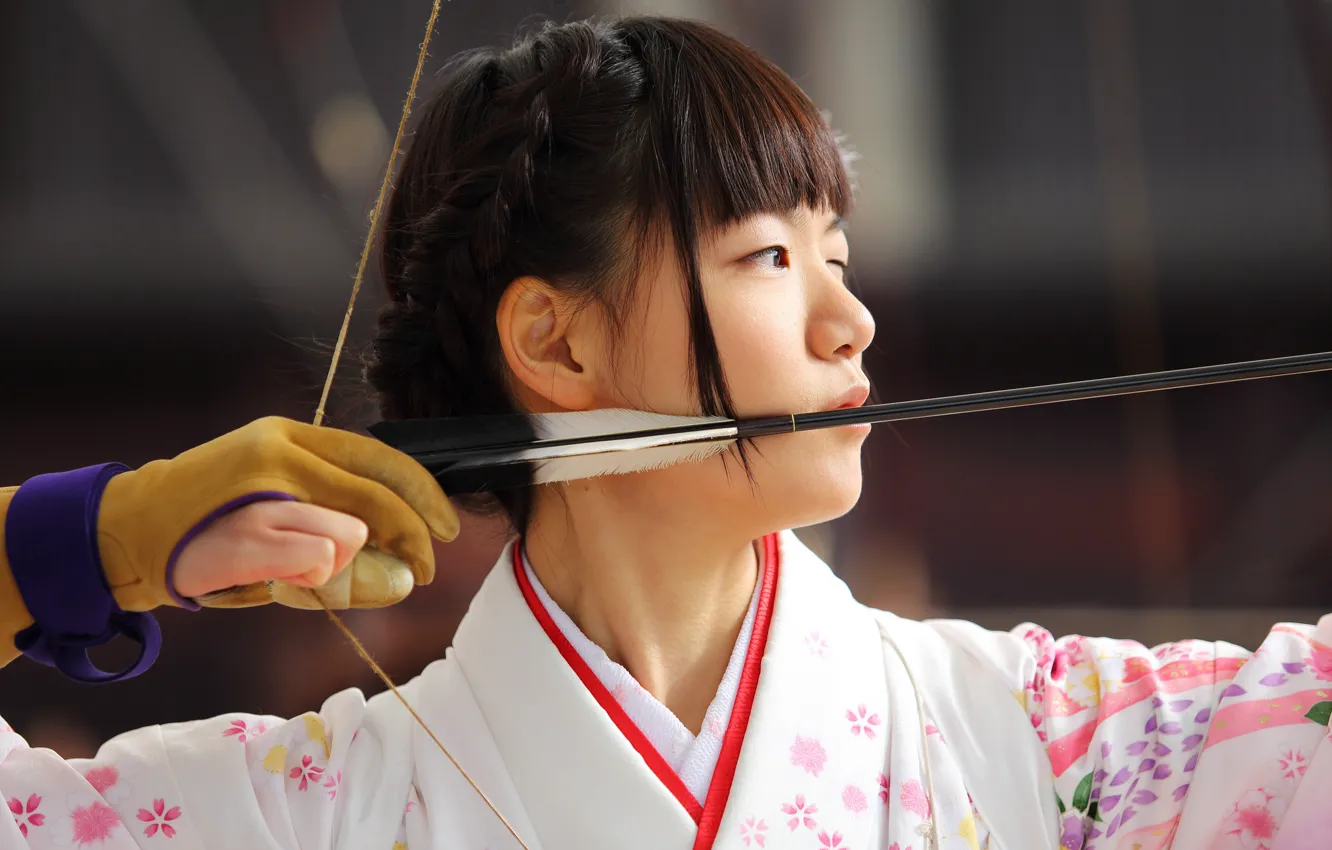Photo wallpaper girl, Archer, Japanese, aiming