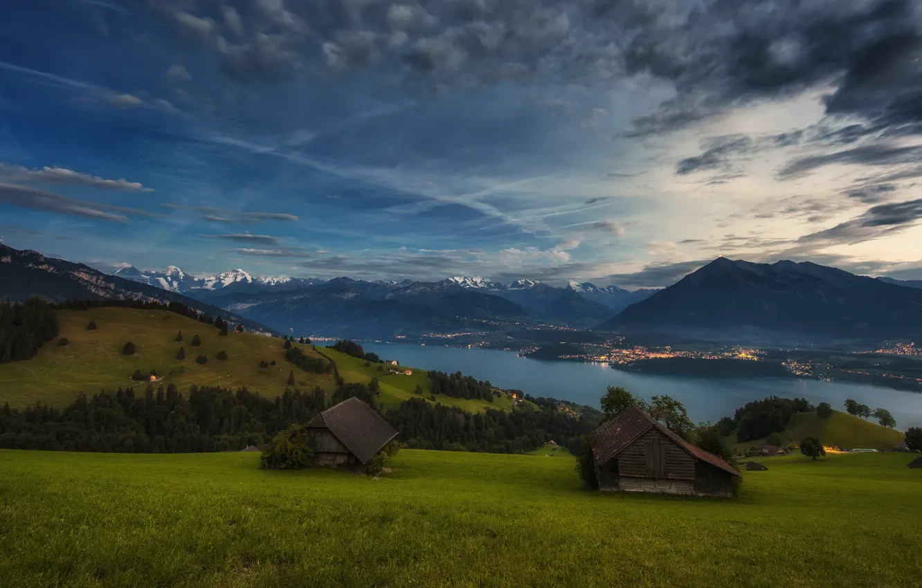 Photo wallpaper field, forest, summer, grass, mountains, lights, green, river
