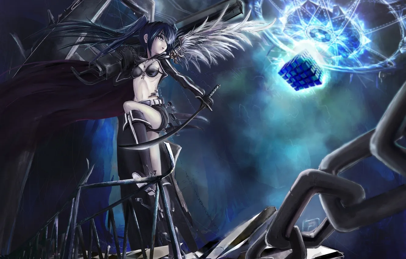 Photo wallpaper girl, weapons, shorts, wings, sword, shoes, chain, gloves