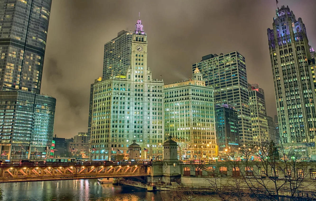 Photo wallpaper night, the city, lights, river, skyscrapers, Chicago, Illinois