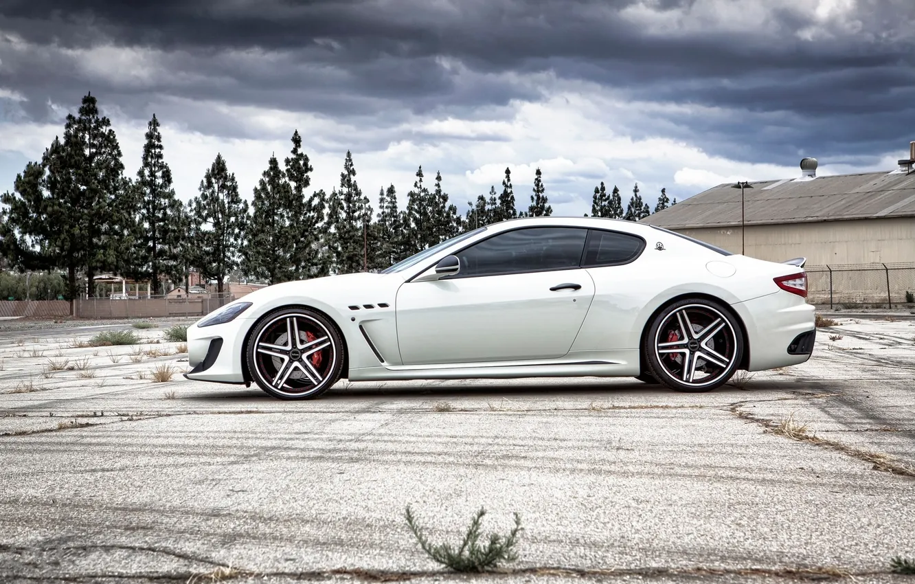 Photo wallpaper white, trees, Maserati, profile, drives, GranTurismo, MC Road, GranTurismo