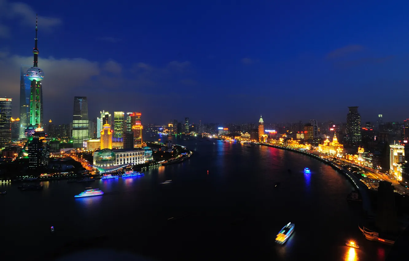 Photo wallpaper water, rays, light, night, the city, lights, river, for