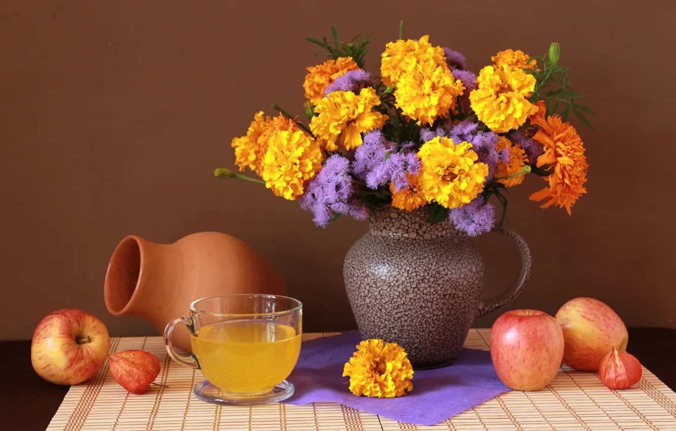 Photo wallpaper tea, apples, bouquet, still life, physalis, marigolds, Ageratum