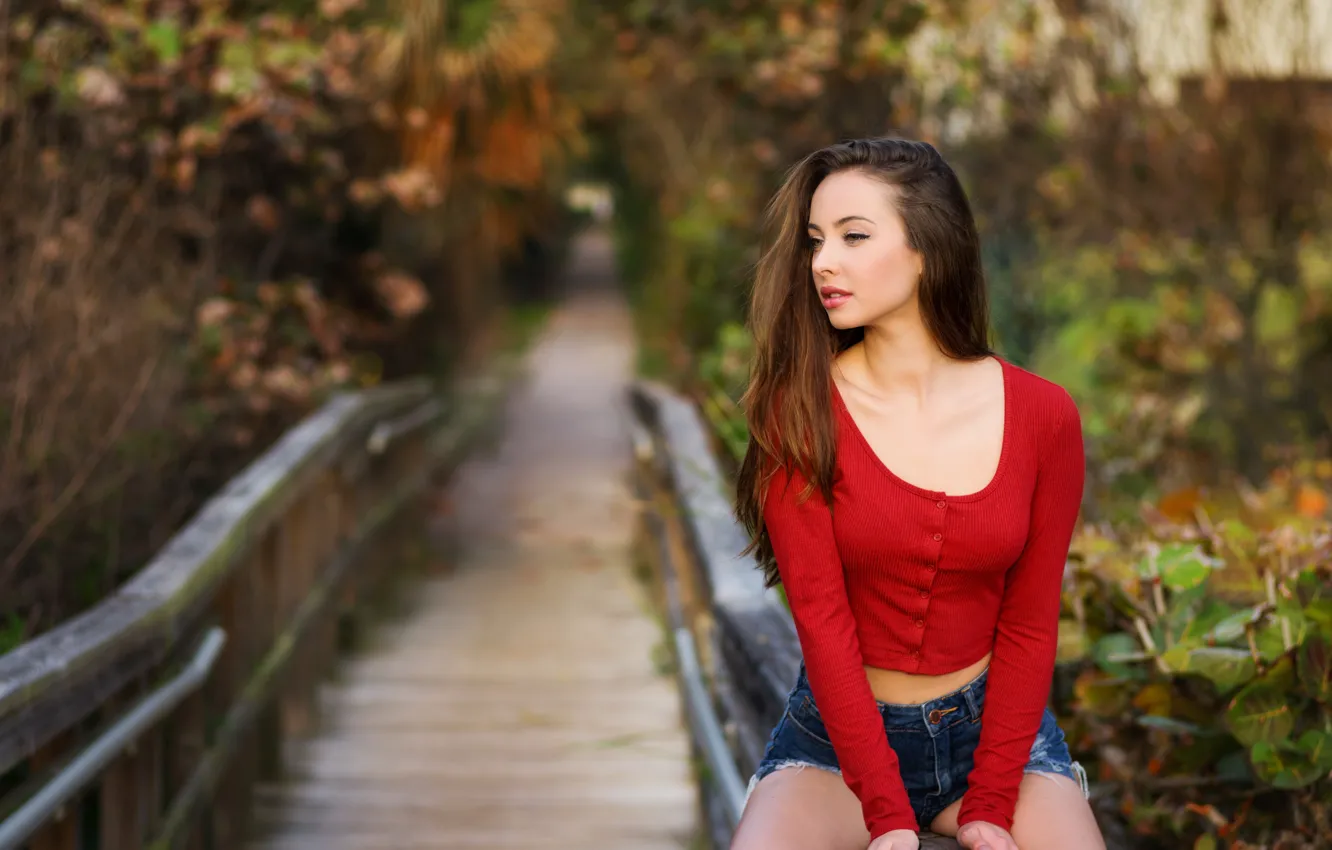 Photo wallpaper girl, shorts, green eyes, long hair, legs, brown hair, photo, photographer