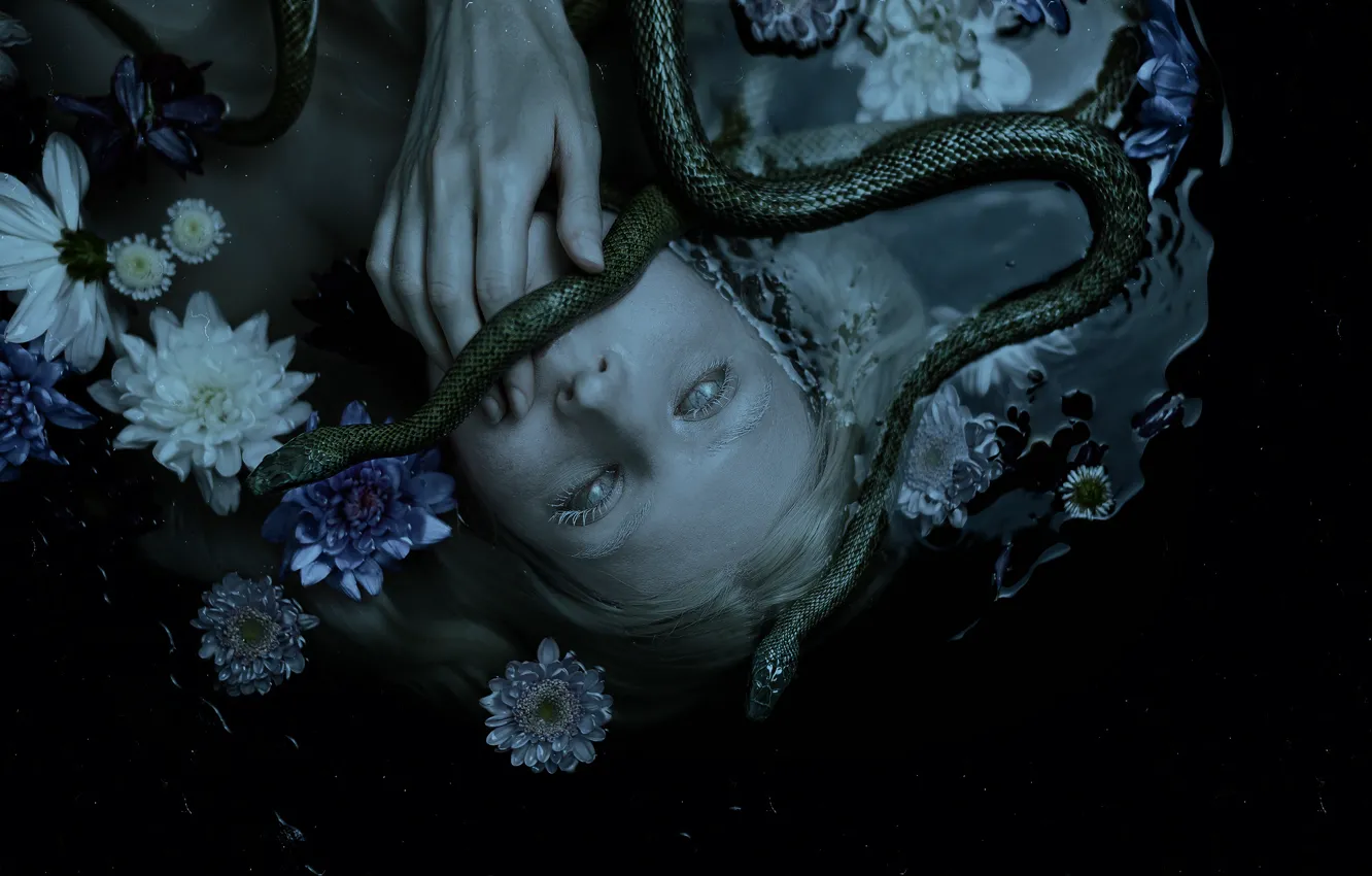 Photo wallpaper water, girl, flowers, face, the dark background, fear, snake, hands