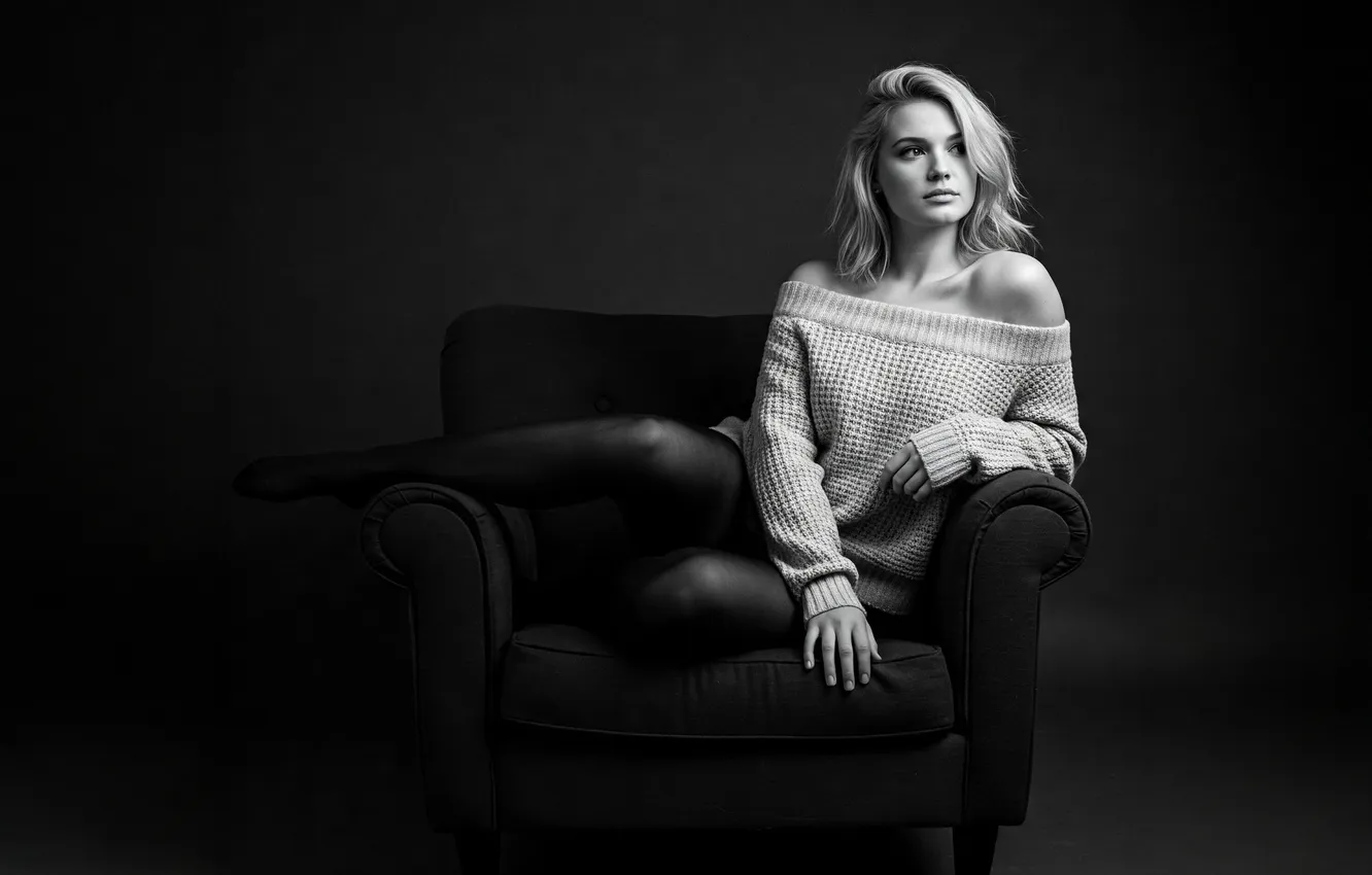 Photo wallpaper girl, blonde, legs, sweater, black and white