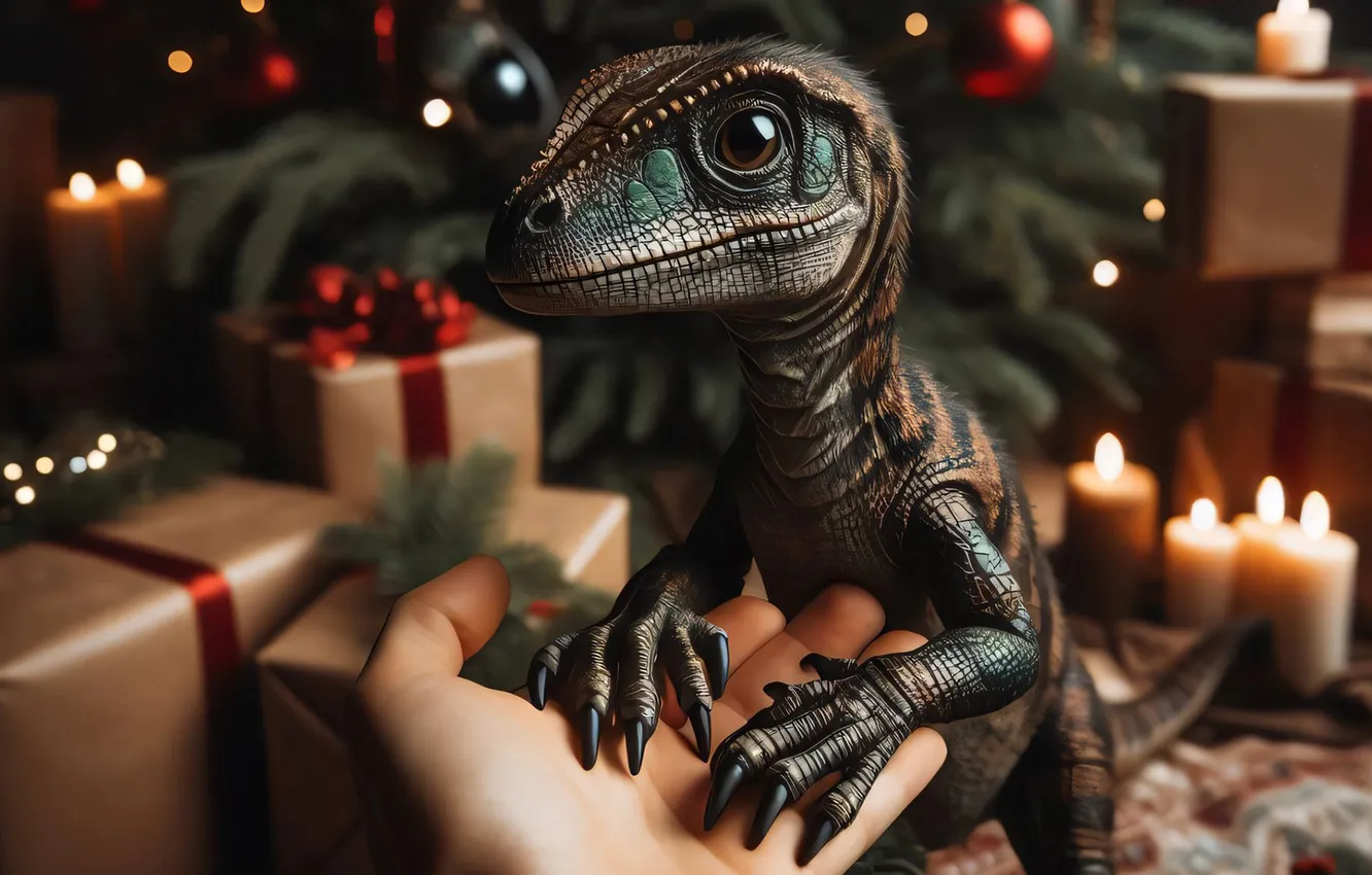 Photo wallpaper dinosaur, hands, baby