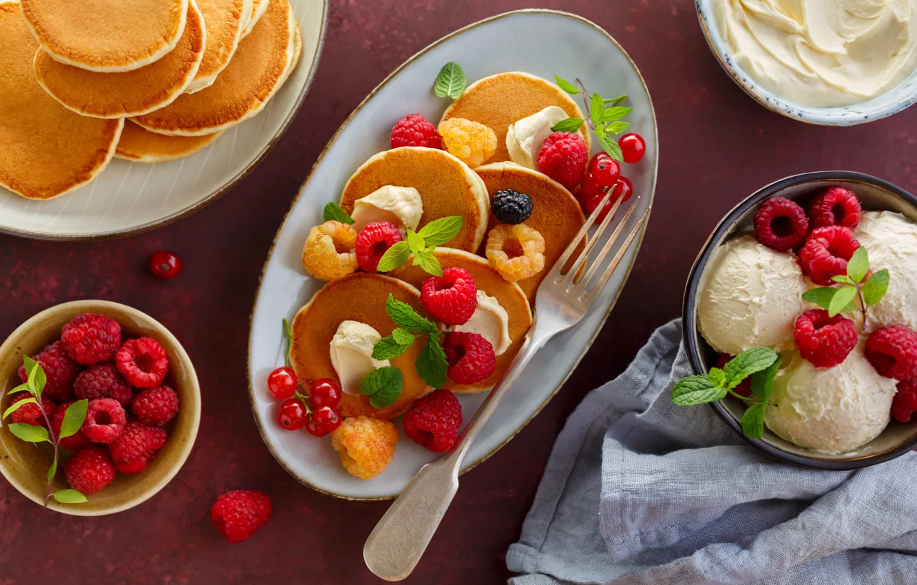 Photo wallpaper ice cream, raspberry, food, pancakes, Breakfast, currants