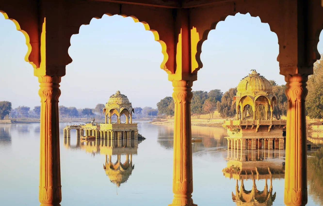Photo wallpaper India, columns, architecture, Rajasthan, Rajasthan, Jaisalmer, Jaisalmer, Gadisar Lake