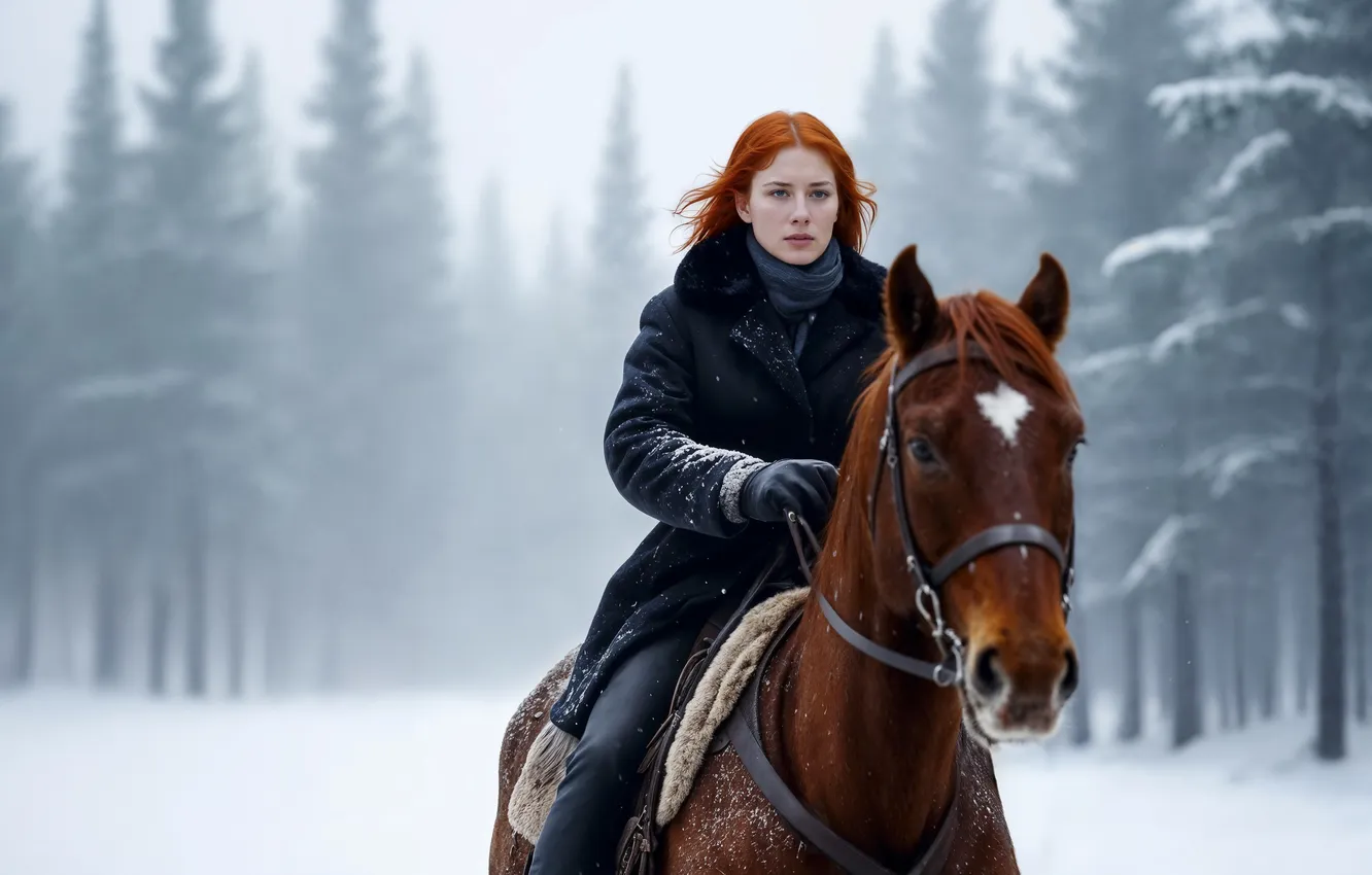 Photo wallpaper girl, winter, redhead, horse