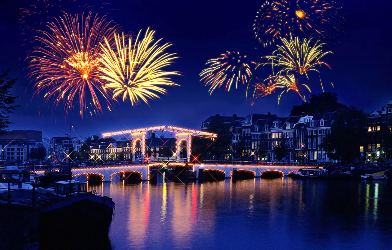 Photo wallpaper night, lights, reflection, river, holiday, salute, fireworks, town