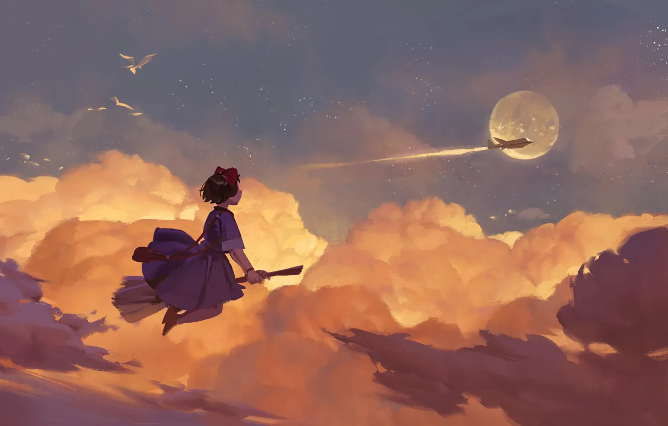 Photo wallpaper the sky, girl, the moon, seagulls, fantasy, the plane, Kiki, Majo no Takkyuubin