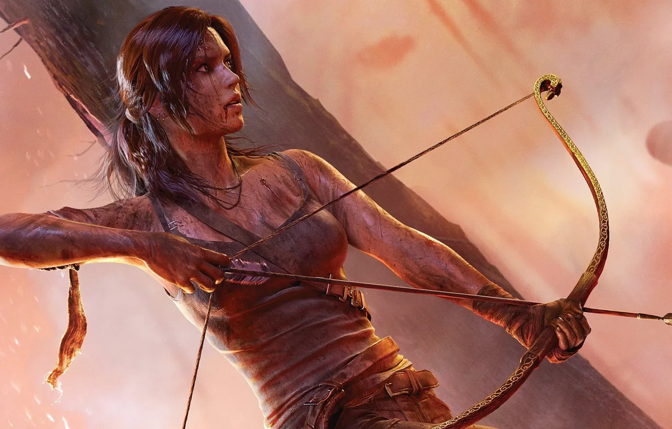 Photo wallpaper weapons, blood, clothing, bow, dirt, Lara Croft, Tomb raider