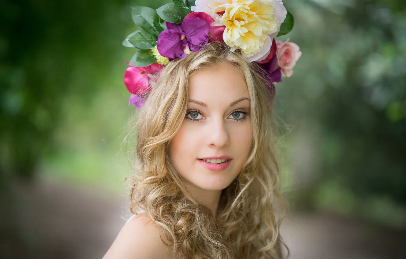Photo wallpaper flowers, girl, Martin Ecker, blonde, a wreath of flowers