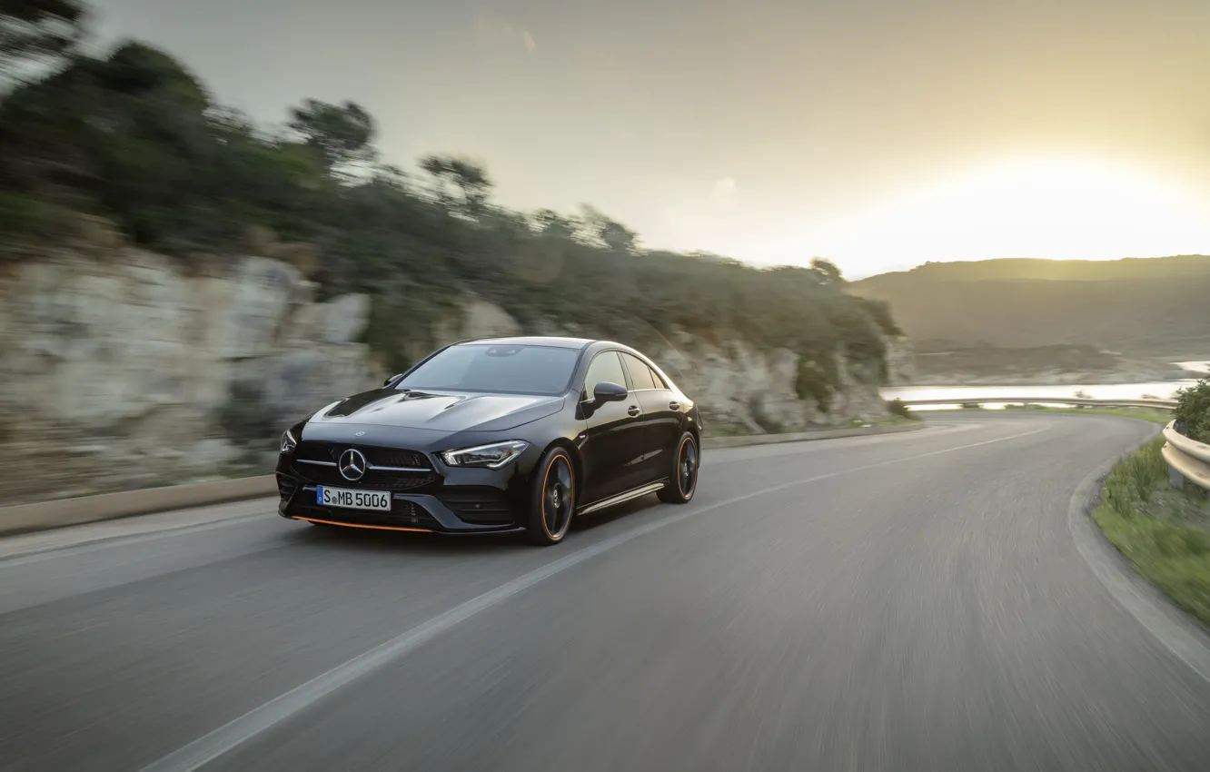 Photo wallpaper road, machine, water, the sun, nature, coupe, turn, compact, Mercedes-Benz CLA