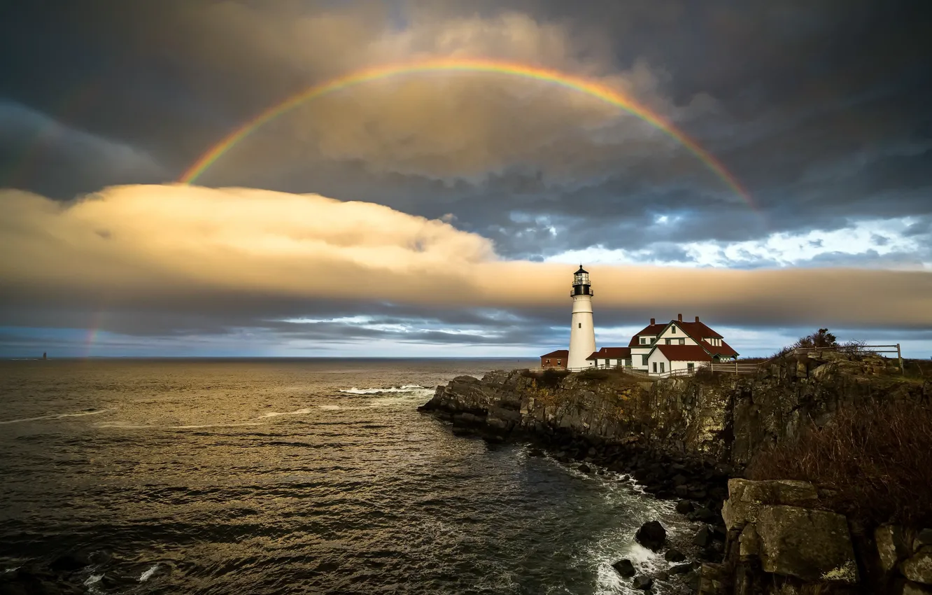 Photo wallpaper sea, lighthouse, rainbow