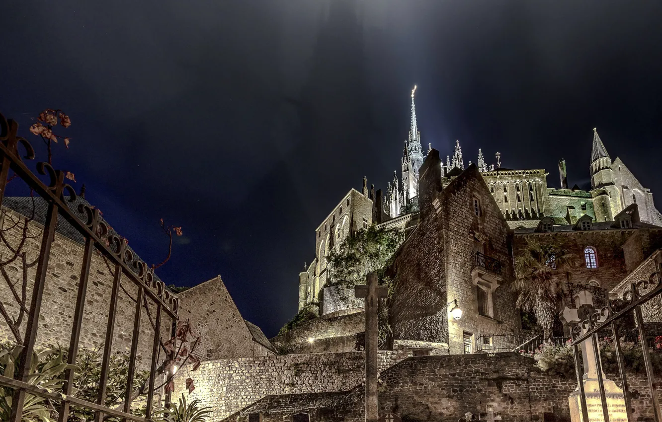 Photo wallpaper night, lights, castle, France, the monastery, Normandy, Mont-Saint-Michel