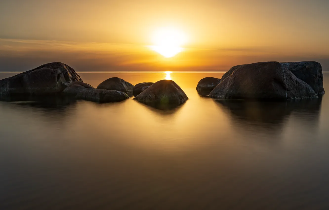 Photo wallpaper ocean, sunset, rocks