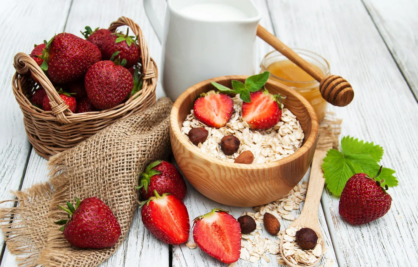 Photo wallpaper berries, Breakfast, milk, strawberry, honey, nuts, honey, almonds