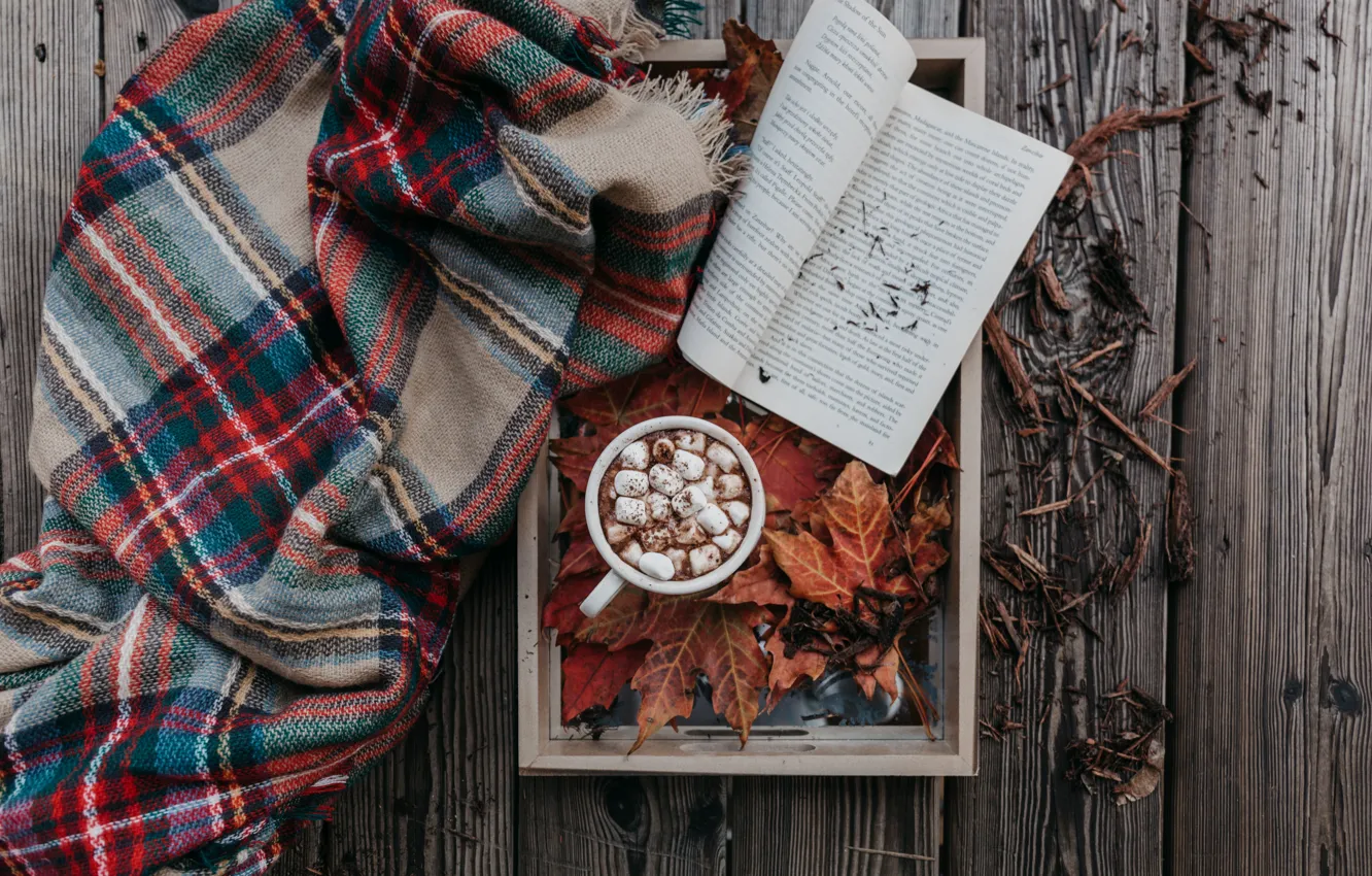 Photo wallpaper autumn, Cup, book, plaid, cocoa, marshmallows