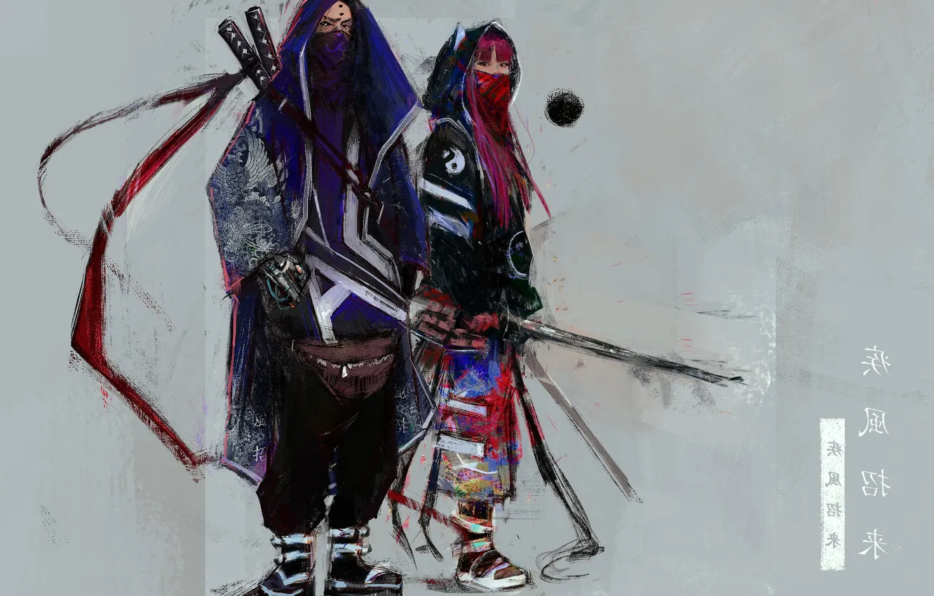 Photo wallpaper girl, weapons, art, Panda, guy, two