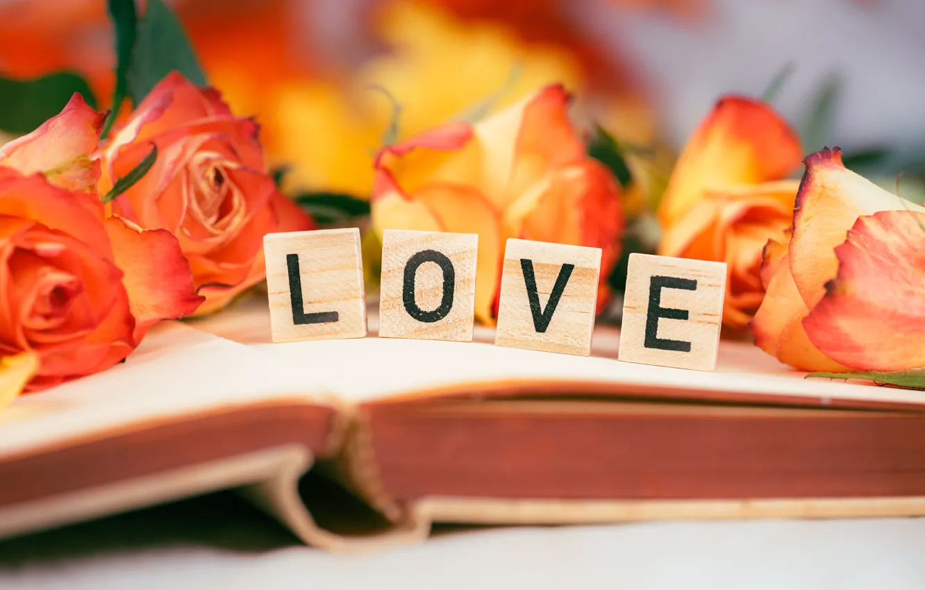 Photo wallpaper love, flowers, letters, holiday, cubes, roses, bouquet, book