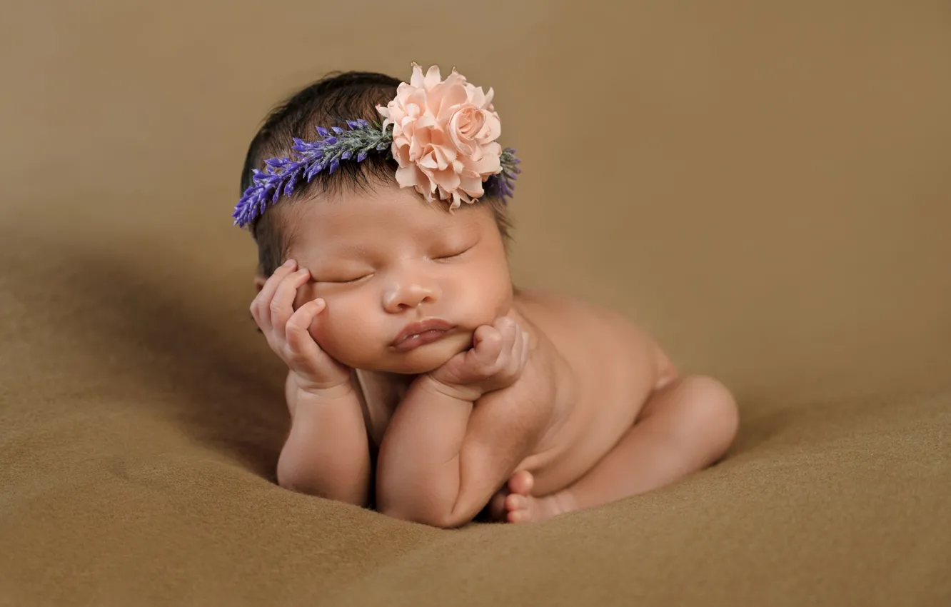 Photo wallpaper flower, pose, sleep, girl, wreath, baby, child, baby