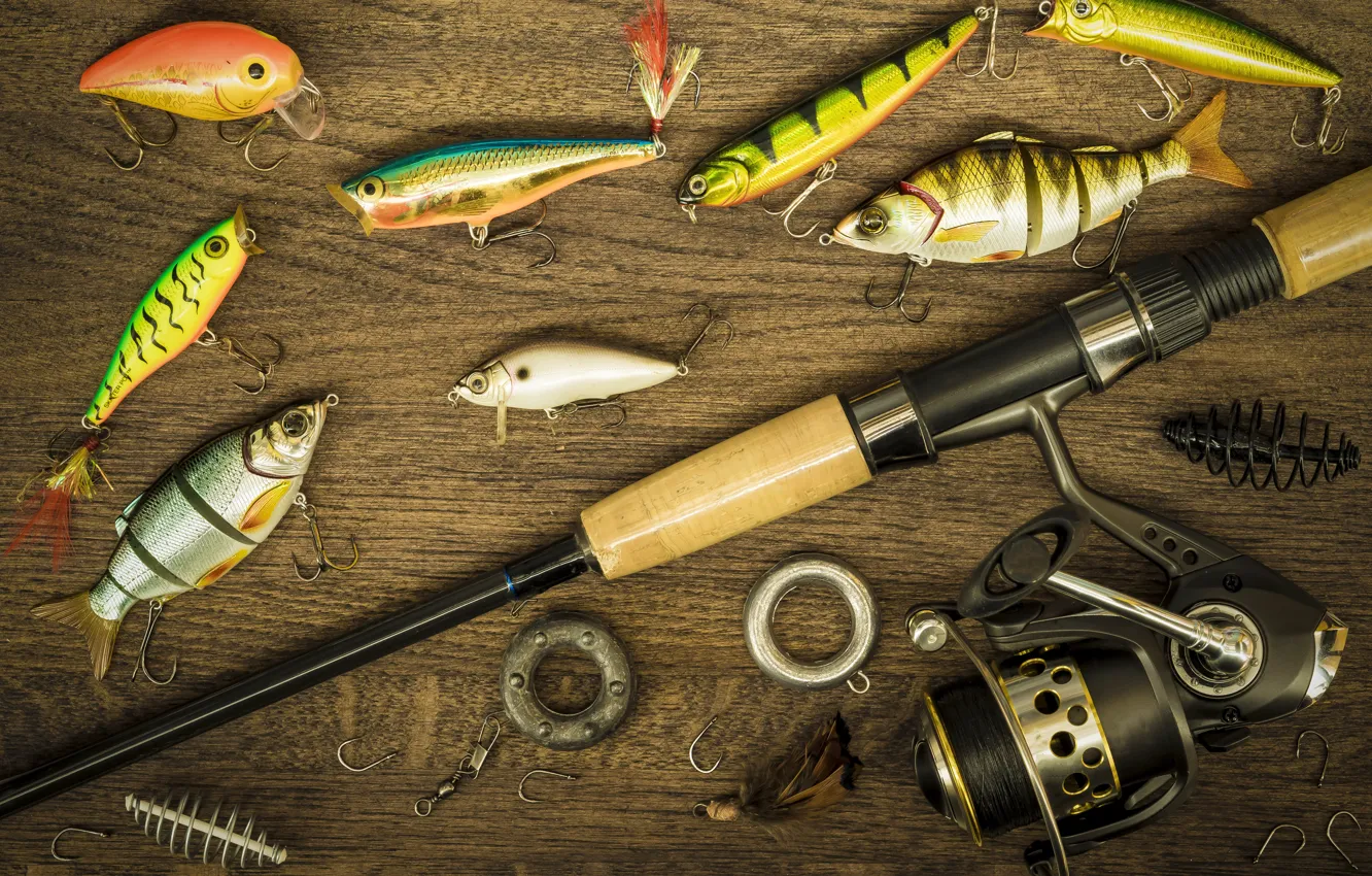 Photo wallpaper fish, background, fishing, float, rod, hooks, tackle, fishing line