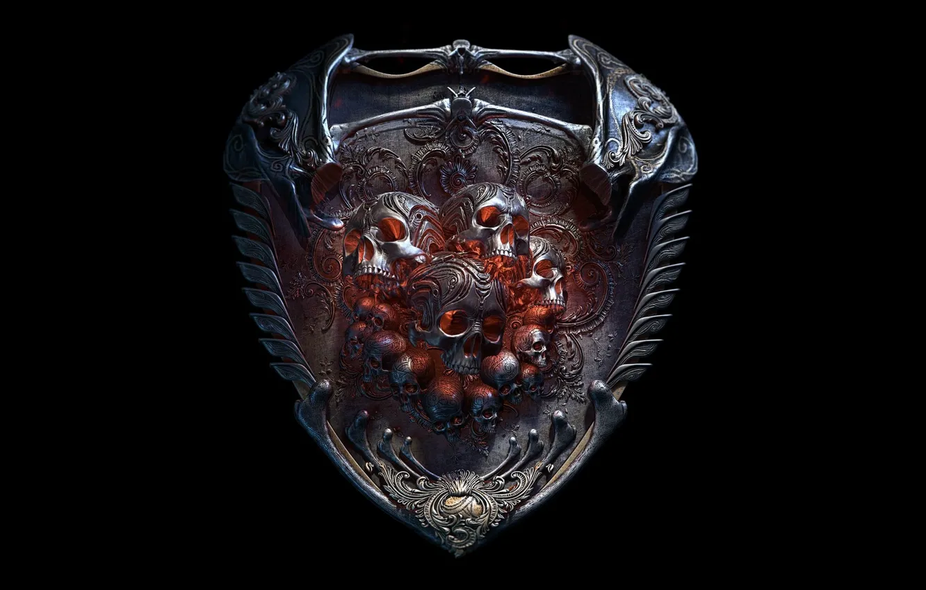 Photo wallpaper Skull, Black background, Shield