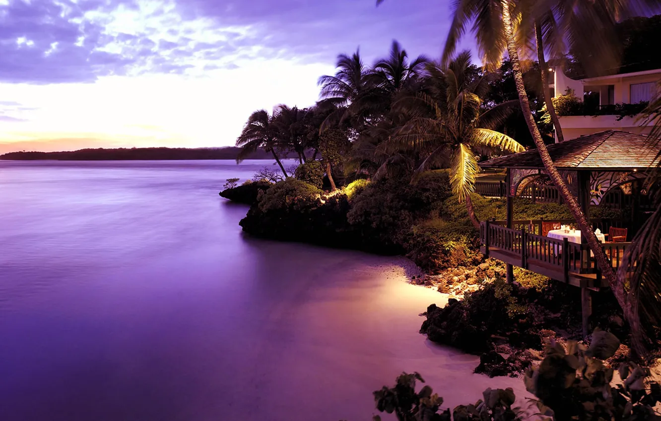 Photo wallpaper palm trees, the ocean, Villa, the evening