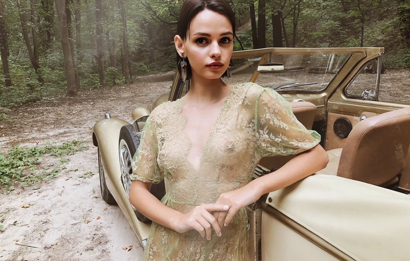 Photo wallpaper machine, forest, look, model, dress, brunette, beautiful, photoshoot