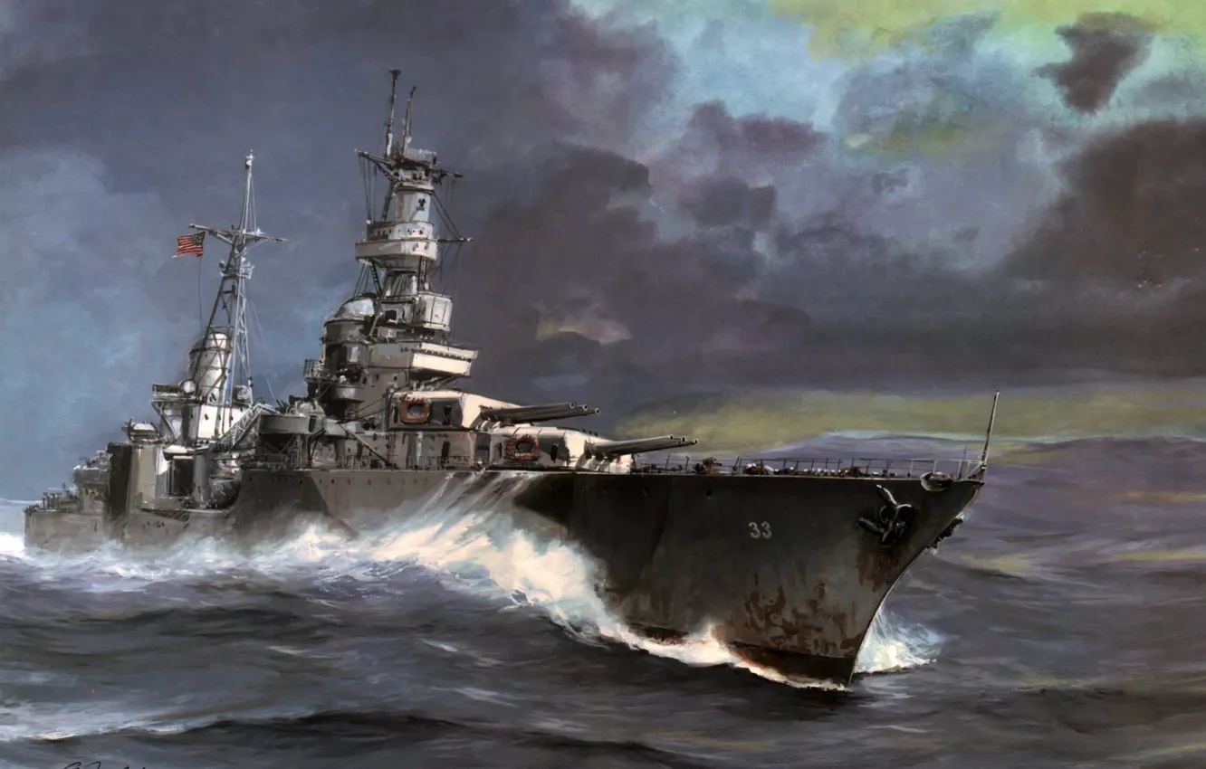 Photo wallpaper sea, wave, art, USA, Portland, cruiser, The second world war, heavy