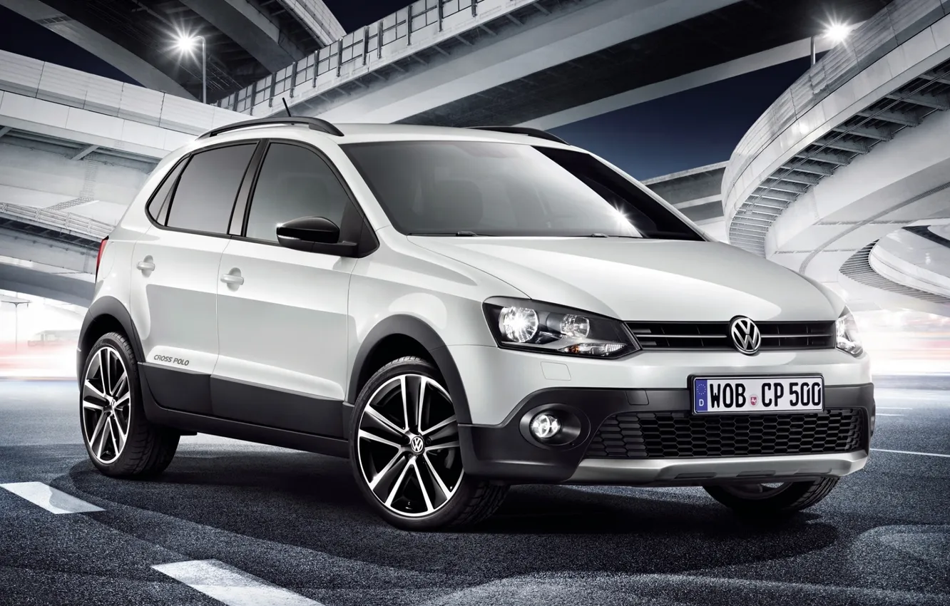 Photo wallpaper white, Volkswagen, overpass, the front, Volkswagen, crossover, CrossPolo, Cross-sex