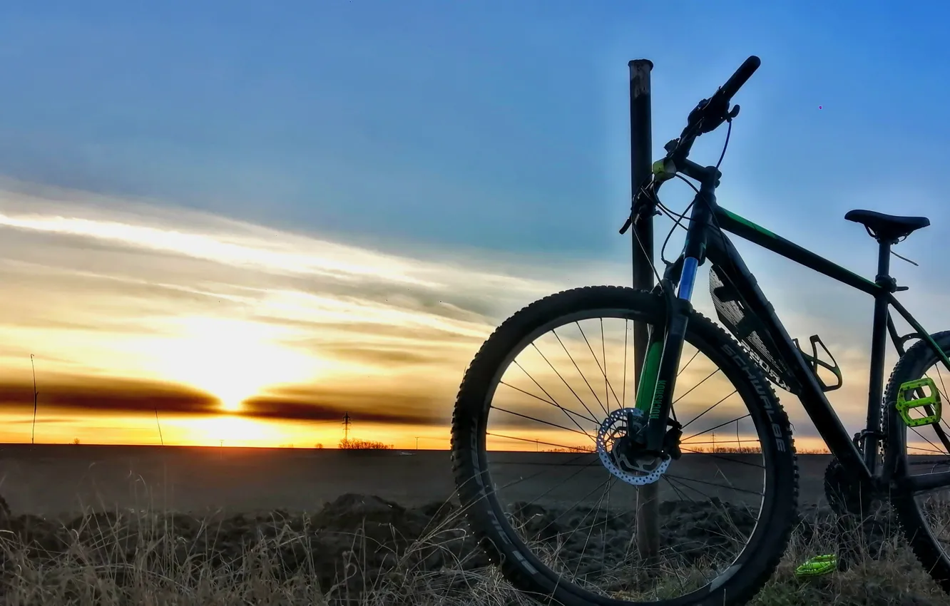 Photo wallpaper bicycle, sky, field, nature, sunset