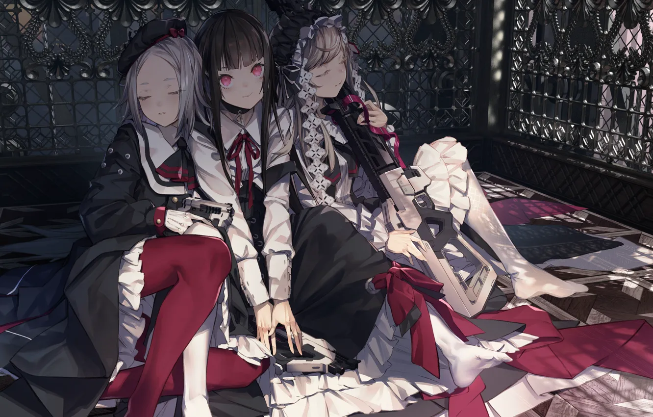 Photo wallpaper girl, style, sitting, trio