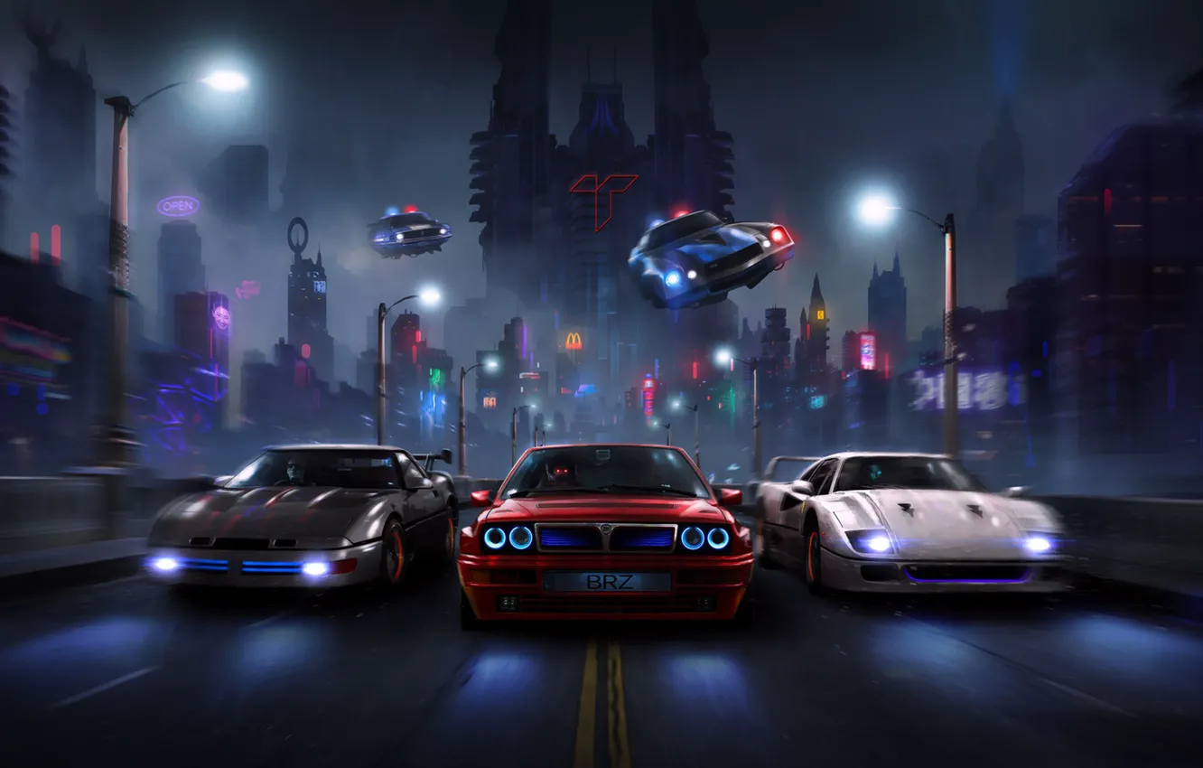 Photo wallpaper road, machine, night, city, the city, fiction, police, supercar