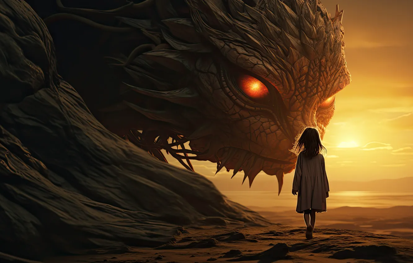 Photo wallpaper dragon, fantasy, girl, burning look, AI art, neural network