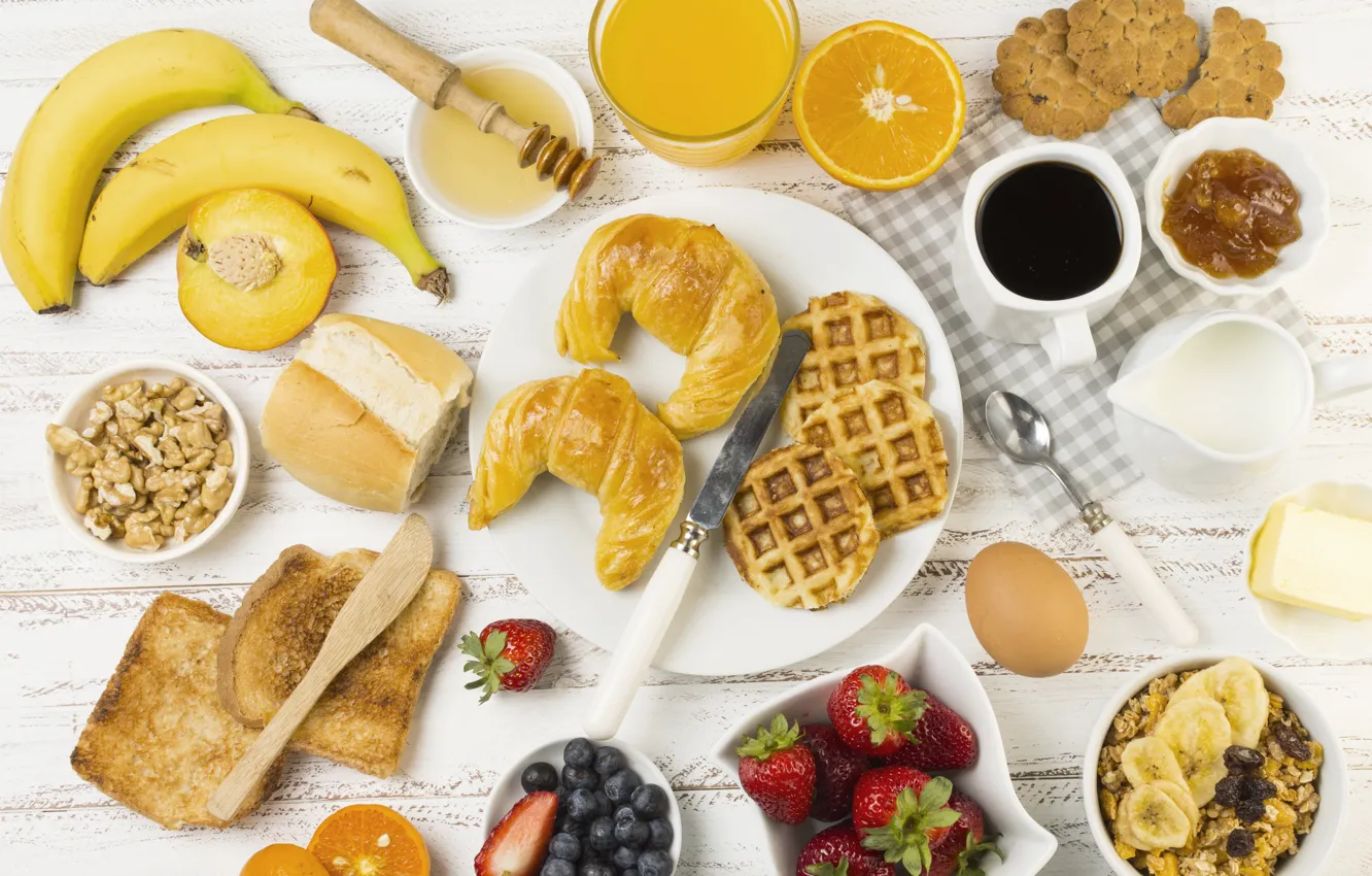 Photo wallpaper berries, food, Breakfast, cookies, juice, fruit, wood, waffles