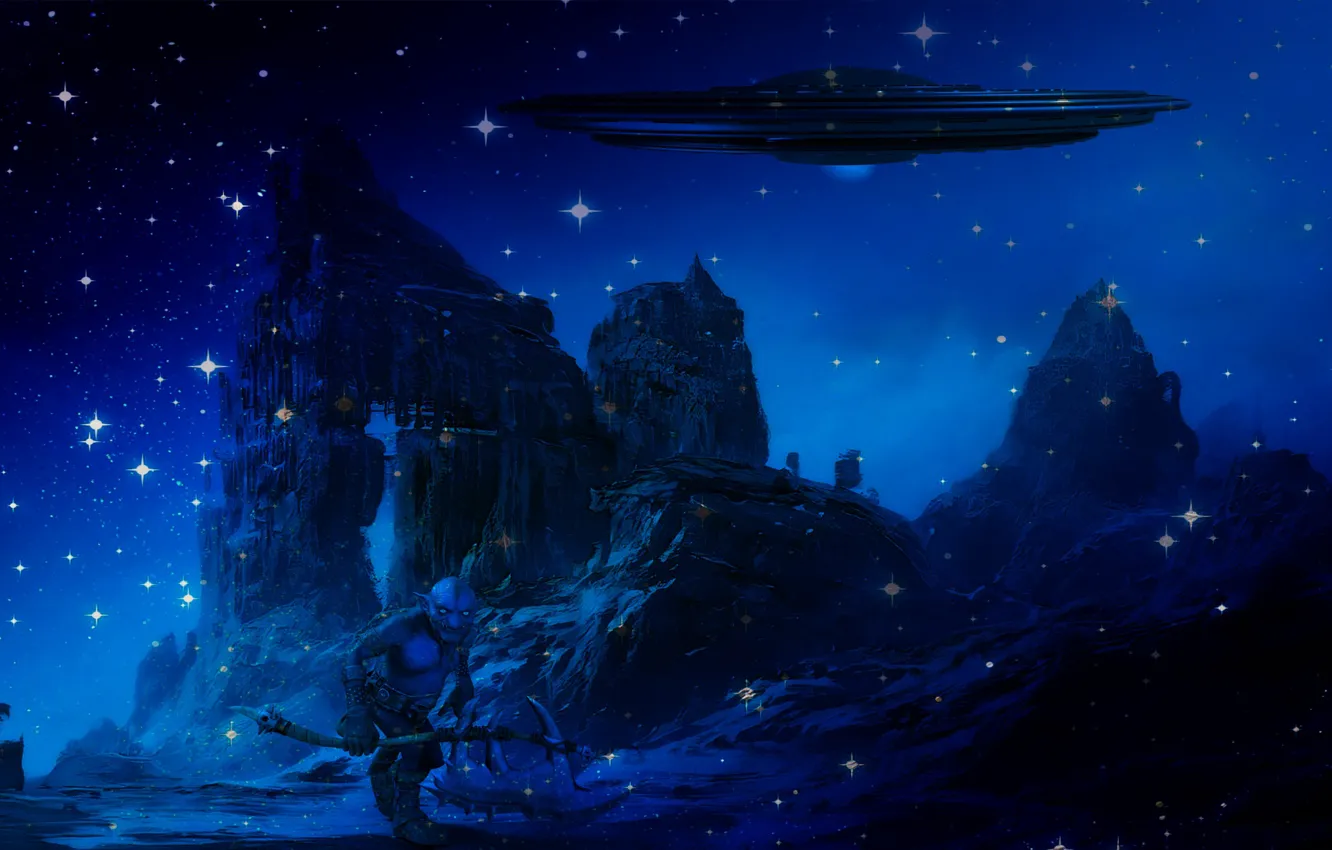 Photo wallpaper stars, night, fiction, rocks, UFO, being, fantasy, monster