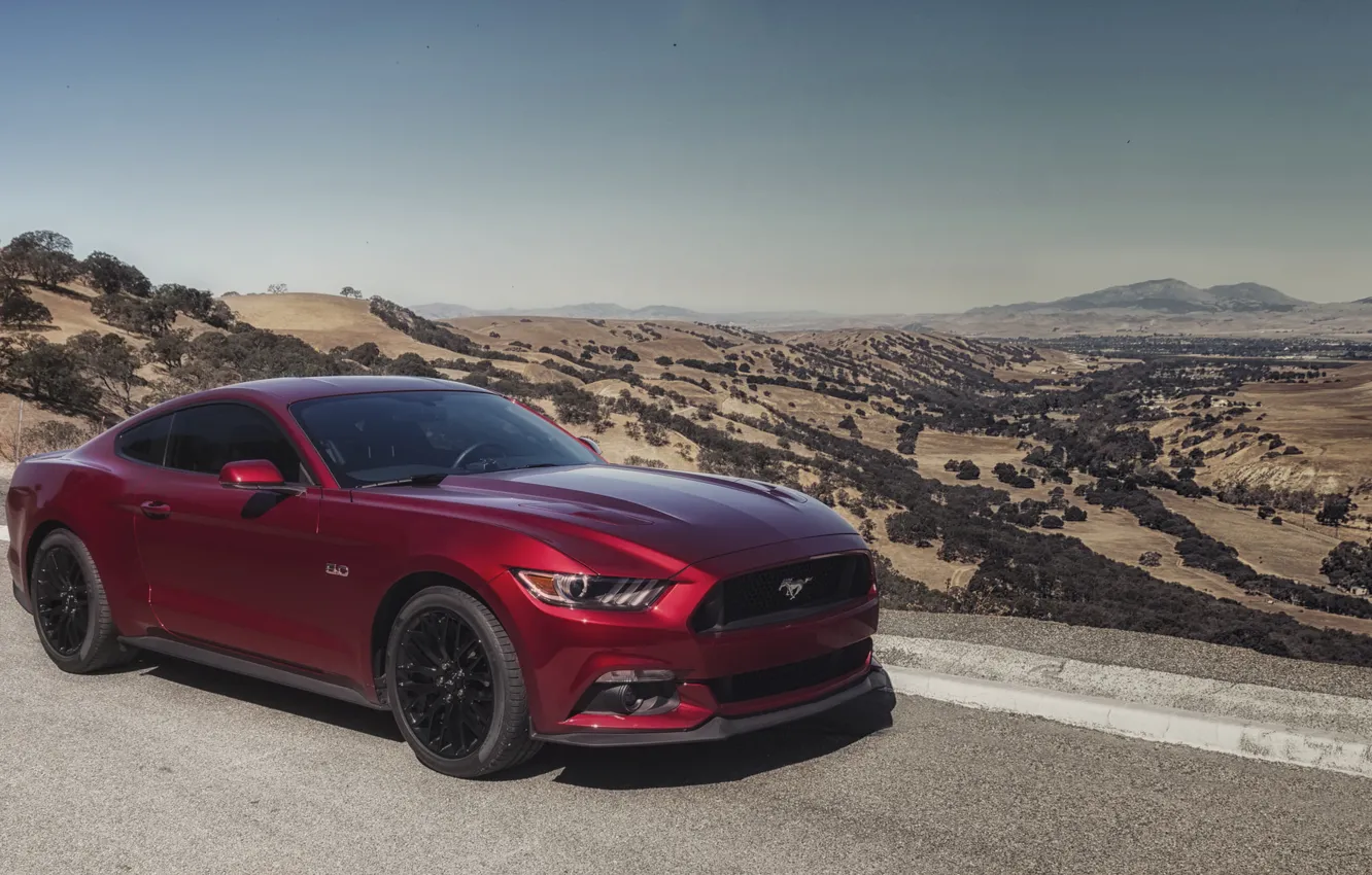 Photo wallpaper mustang, red, ford, road, 5.0, mountains