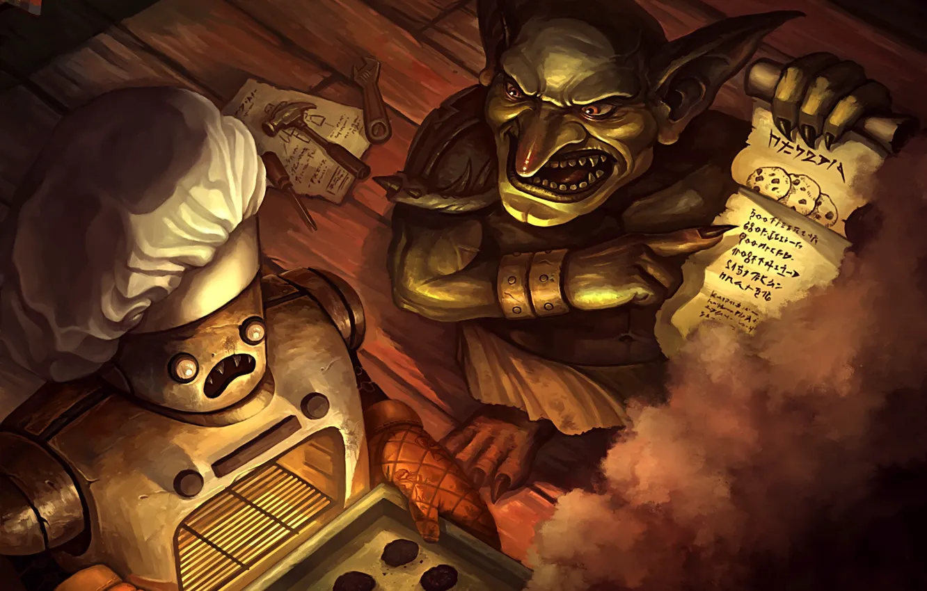 Photo wallpaper smoke, robot, cookies, art, cook, tool, Goblin, recipe