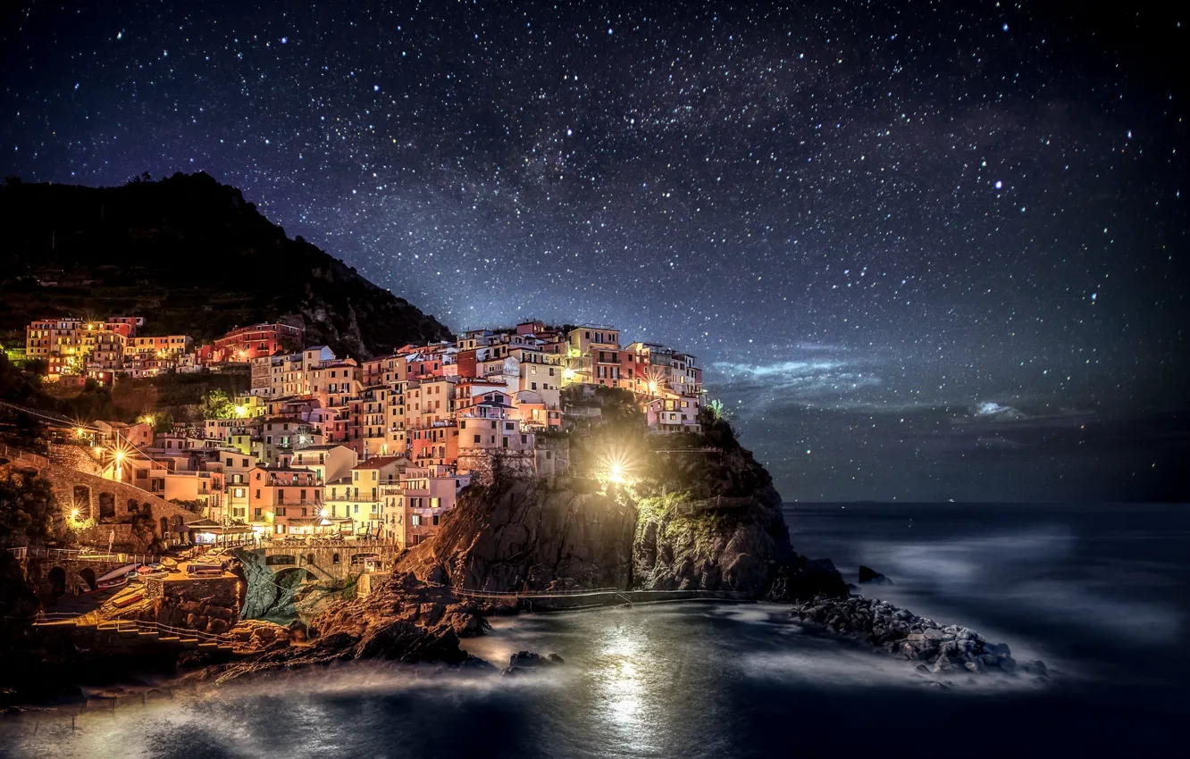 Photo wallpaper night, lights, Italy, Italia, Manarola, Manarola, Cinque Terre, Liguria