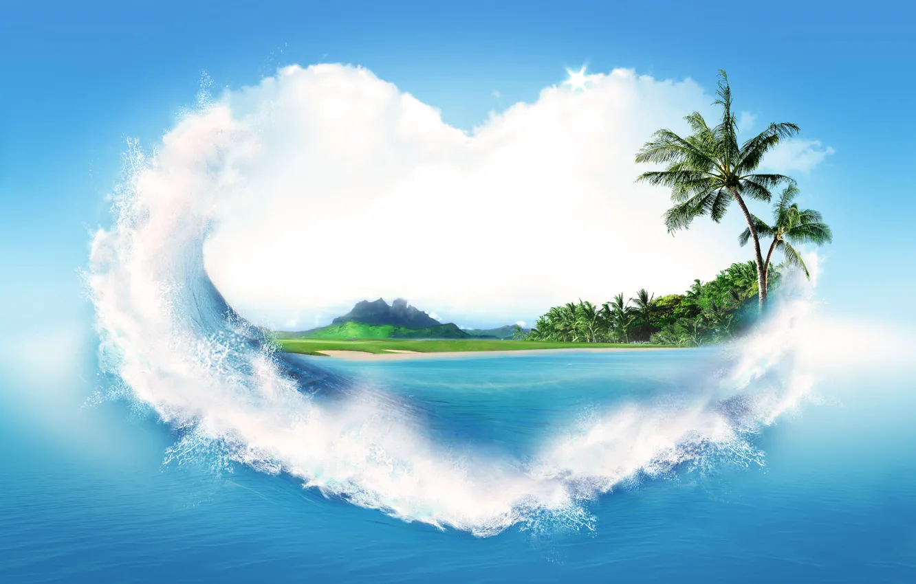 Photo wallpaper sand, sea, water, squirt, palm trees, creative, shore, heart