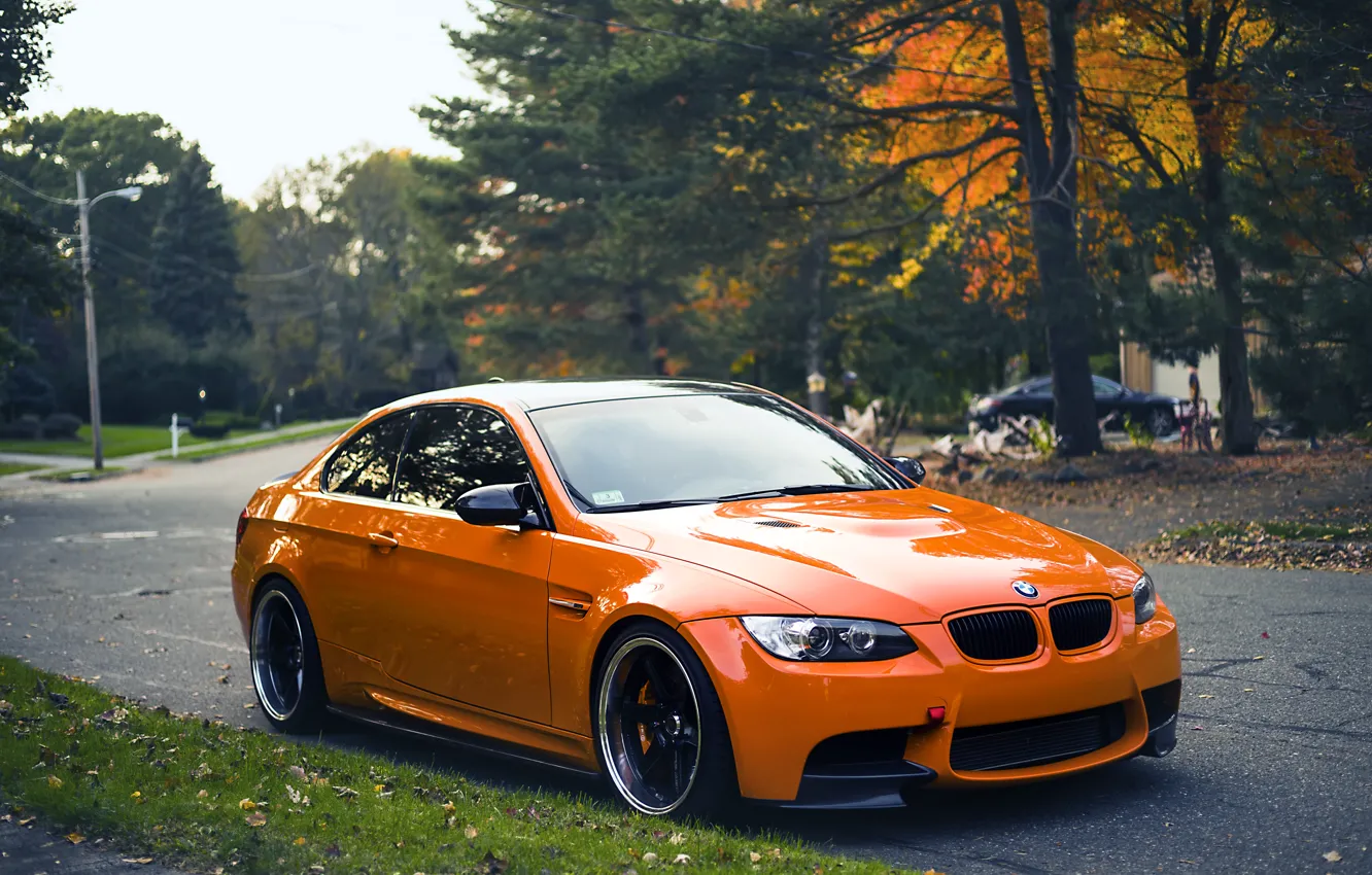 Photo wallpaper BMW, Car, Autumn, Street, E92, Trees, M3