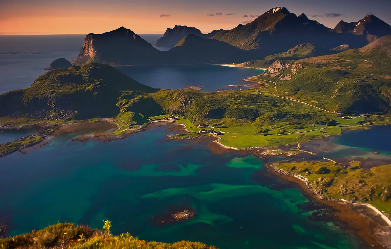 Photo wallpaper road, sea, mountains, rocks, structure, the fjord