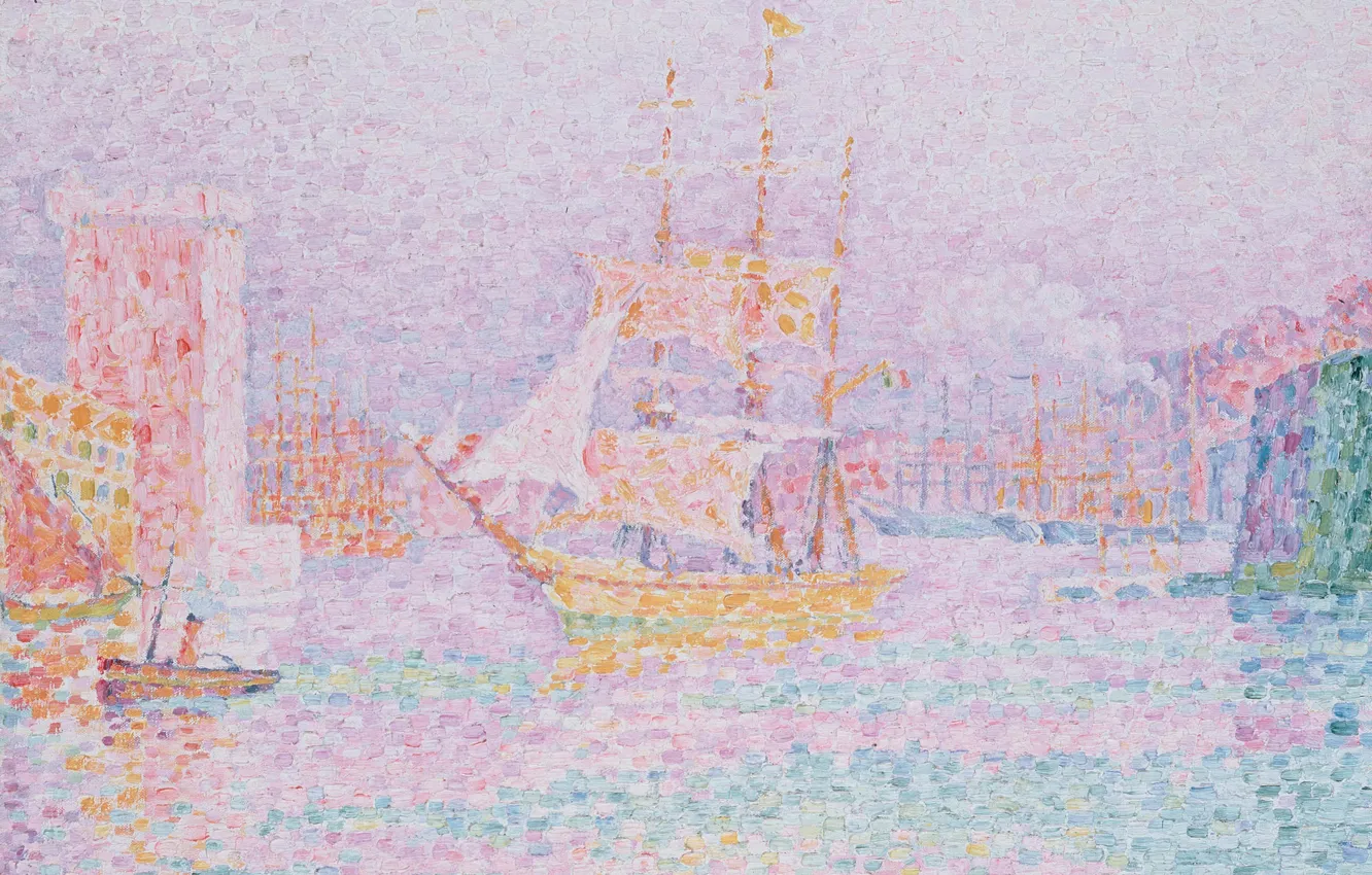 Photo wallpaper ship, picture, sail, Paul Signac, pointillism, Paul Signac, The Harbor in Marseille