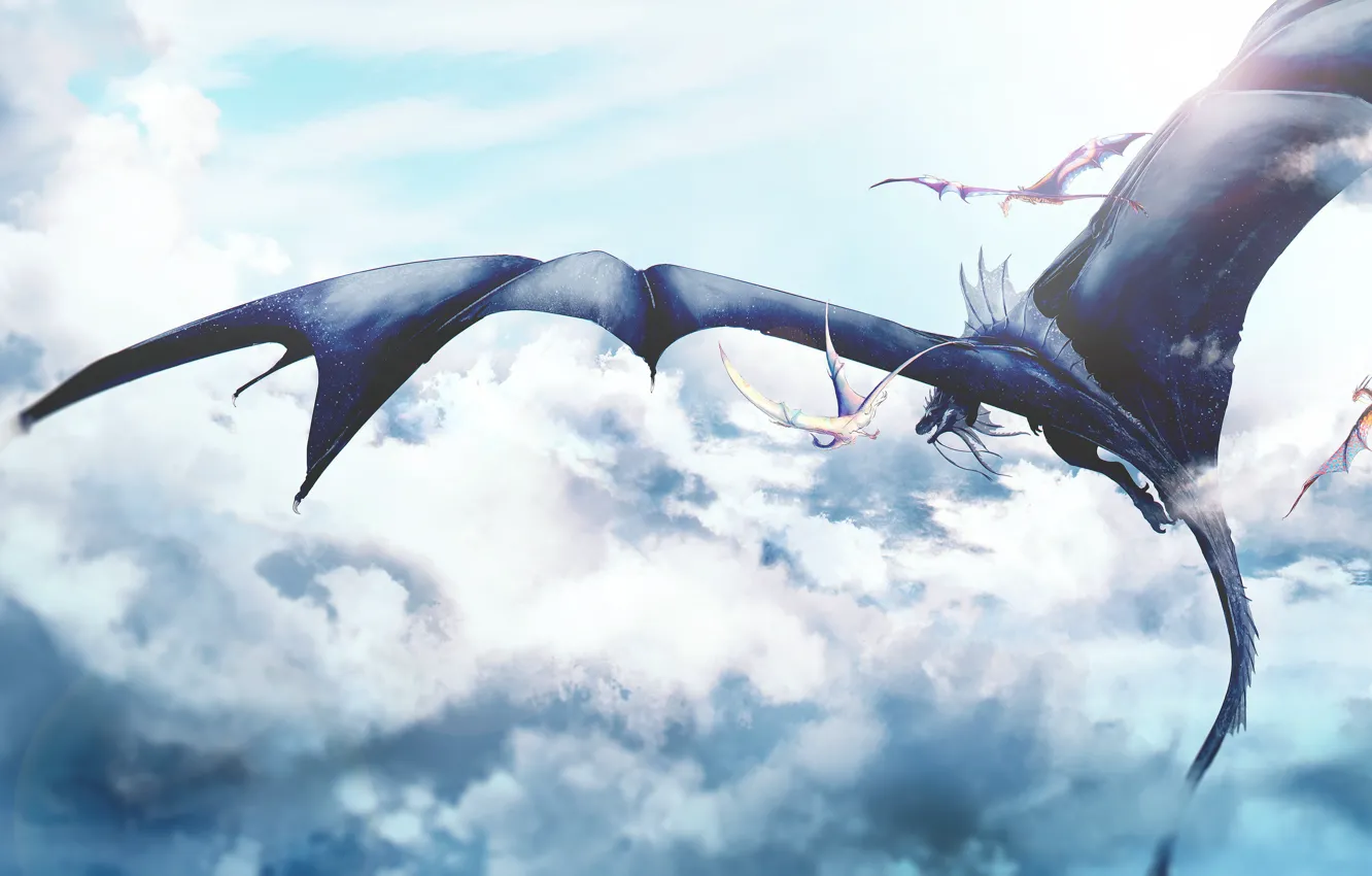 Photo wallpaper clouds, flight, dragon