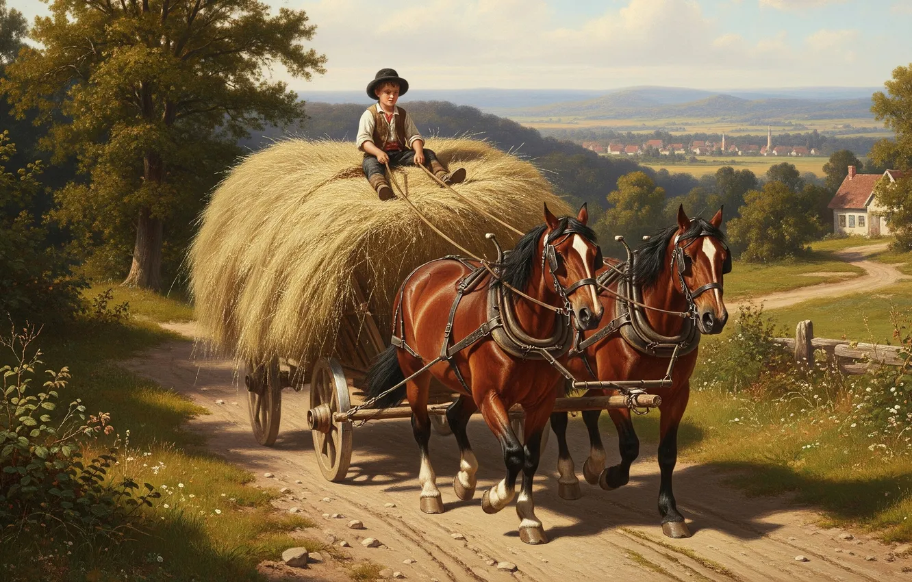 Photo wallpaper road, summer, landscape, Wallpaper, horse, figure, art, hay