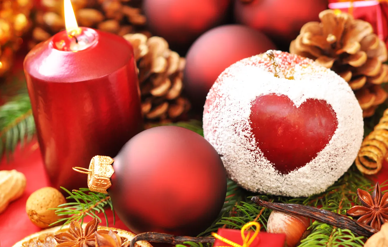 Photo wallpaper holiday, balls, heart, new year, Apple, Christmas, candle, new year